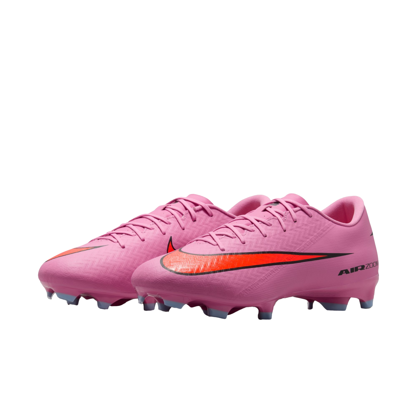 A pair of bright pink Nike Mercurial Air Zoom soccer cleats with a large orange and black swoosh logo, set against a solid black background.