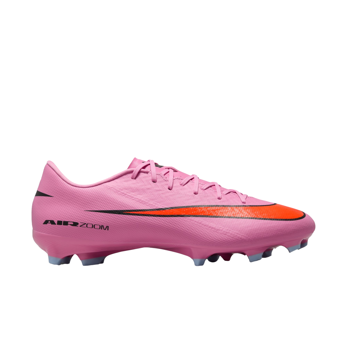 Pink Nike Air Zoom Mercurial soccer cleat featuring a large orange and black swoosh and "AIR ZOOM" branding, displayed against a solid black background.
