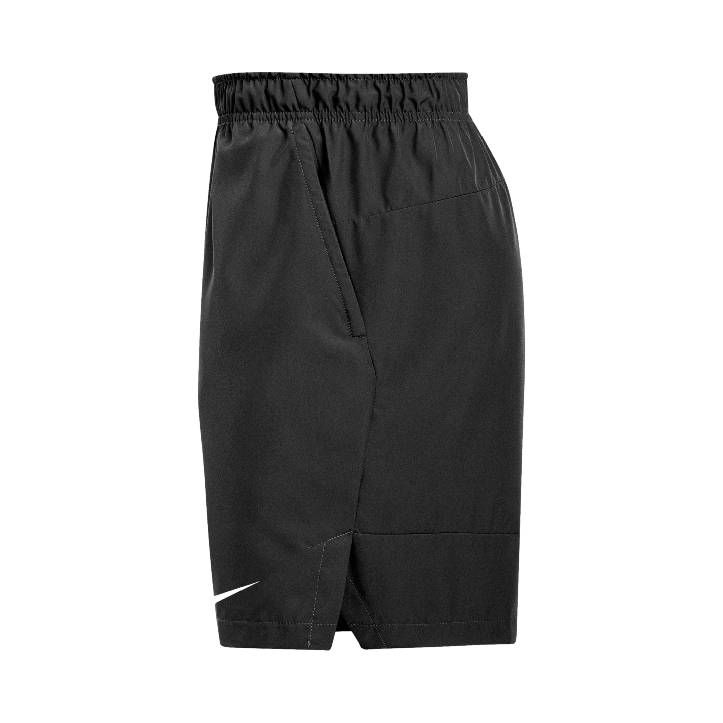 Side view of black Nike athletic shorts featuring an elastic waistband, side pocket, and small white swoosh logo on the hem.