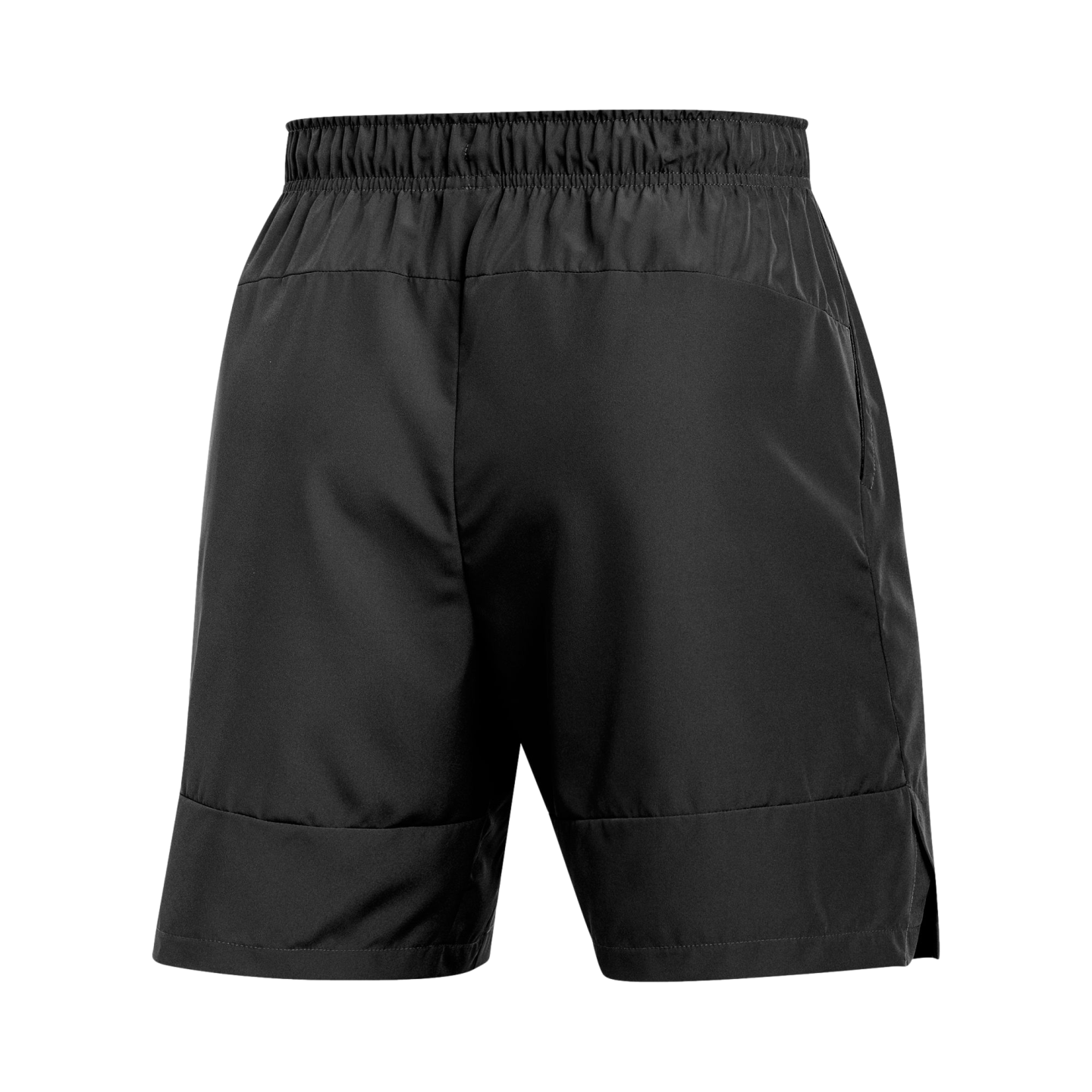 Rear view of black athletic shorts with an elastic waistband and horizontal stitching details.