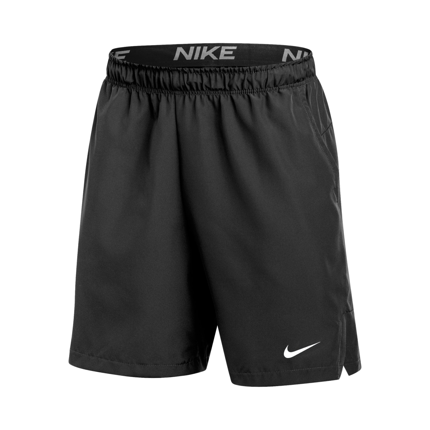 Black Nike athletic shorts featuring a wide elastic waistband with grey Nike branding and a white swoosh logo on the lower left leg.