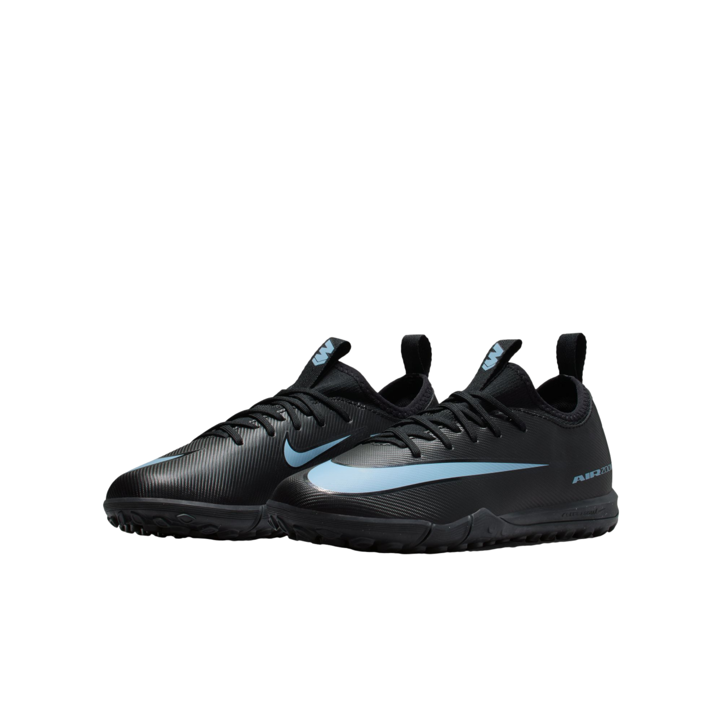 A pair of black Nike turf soccer shoes with light blue swooshes and accents, shown against a solid black background.