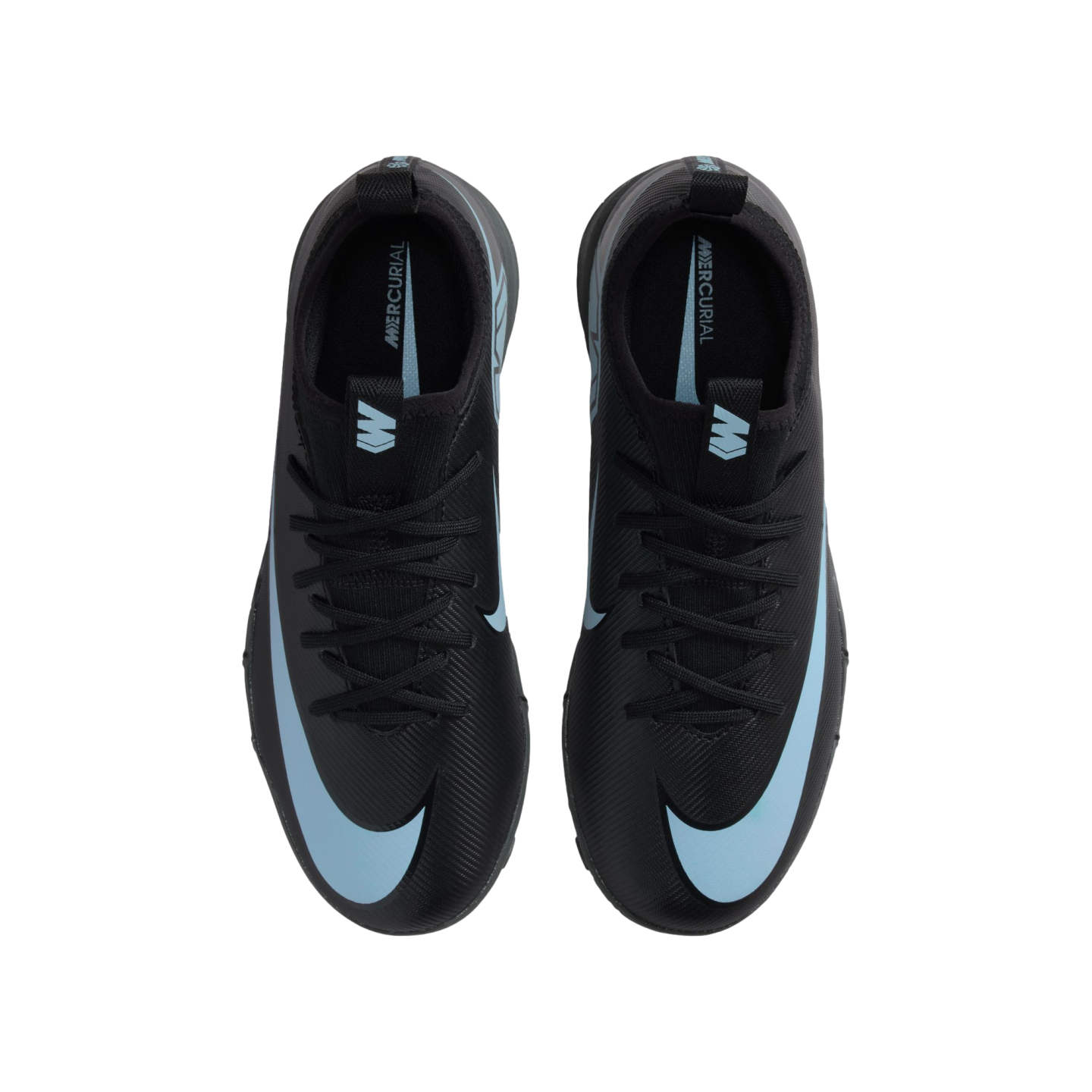 Top-down view of black Nike Mercurial soccer cleats with light blue swooshes and accents on a black background.