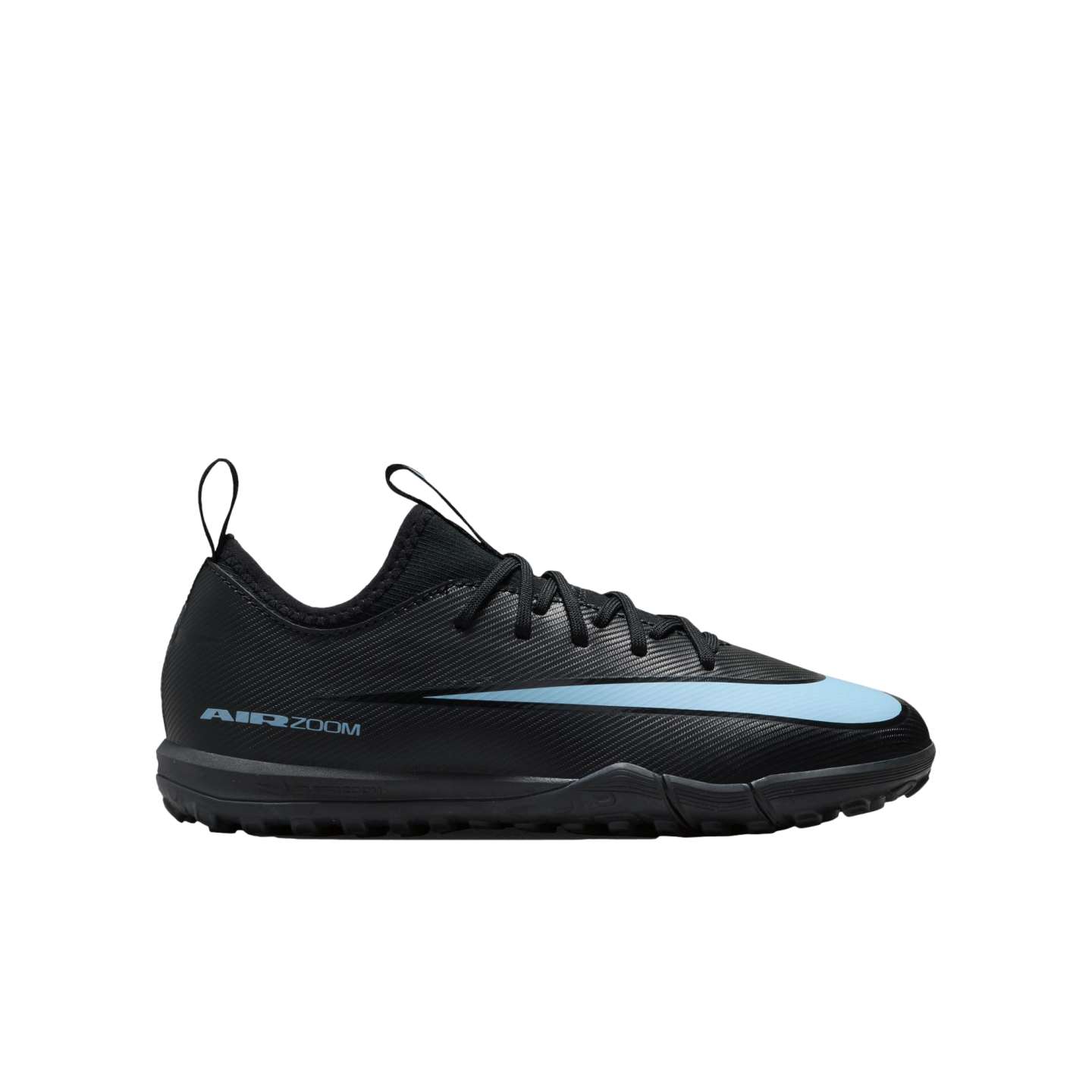 Black Nike Air Zoom soccer shoe with a light blue swoosh and textured upper on a black background.