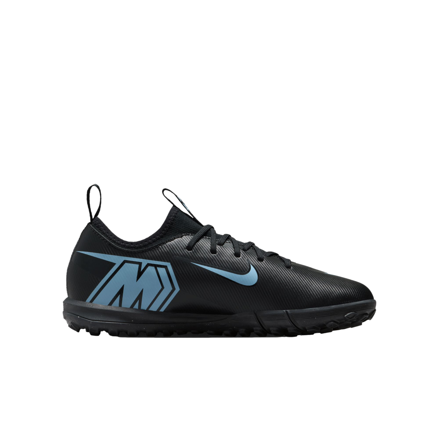A black Nike Mercurial turf soccer shoe with light blue logos and a textured upper, shown from a side profile against a black background.