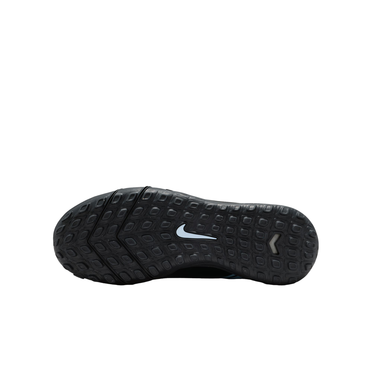 The textured black rubber sole of a Nike shoe with a white swoosh logo in the center.
