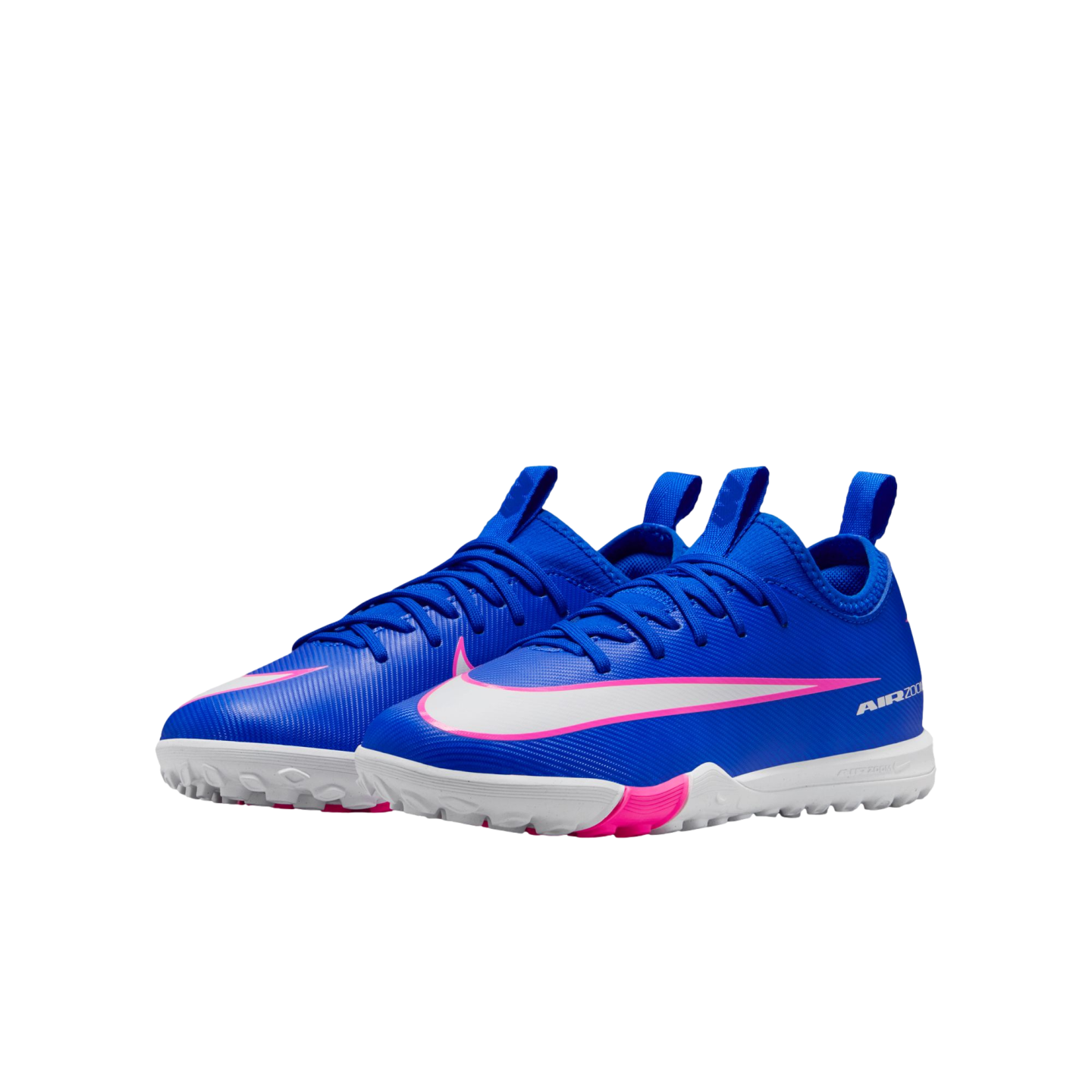 Pair of vibrant blue Nike Air Zoom turf soccer shoes featuring white swooshes with pink trim and a white textured outsole.
