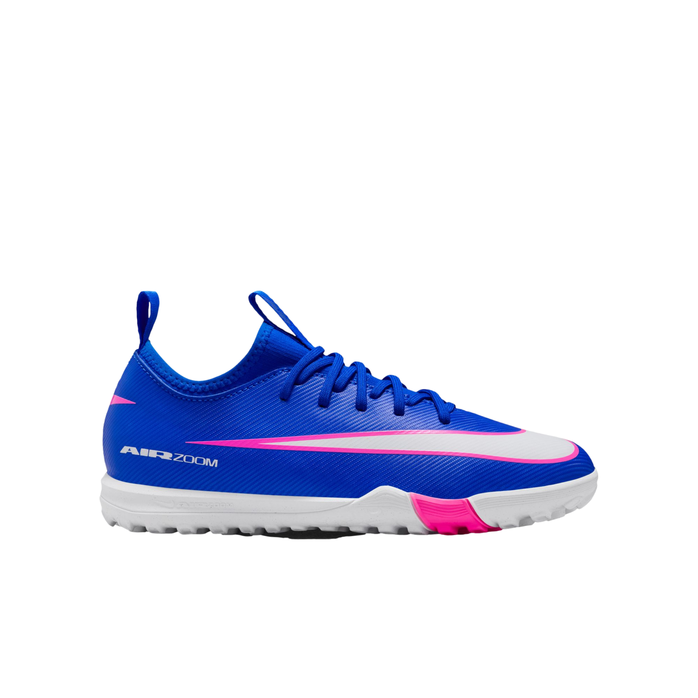 A royal blue Nike Air Zoom turf soccer shoe with a pink-accented white swoosh and white sole, set against a black background.