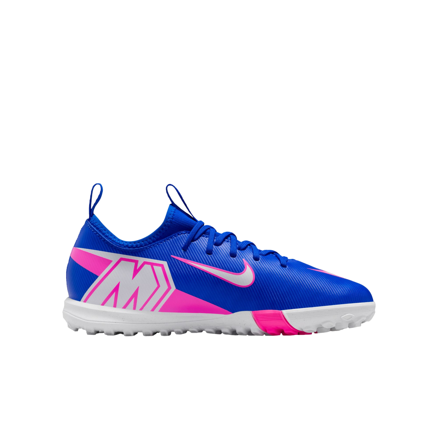 A blue Nike Mercurial turf soccer shoe with white and pink accents, featuring a large "M" logo on the heel, isolated against a black background.