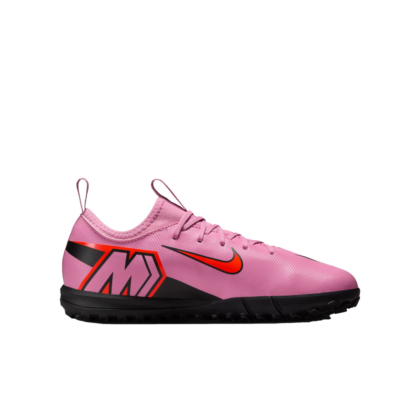 A side-view of a pink Nike Mercurial soccer shoe with a bright red Nike swoosh and a black sole, isolated on a black background.