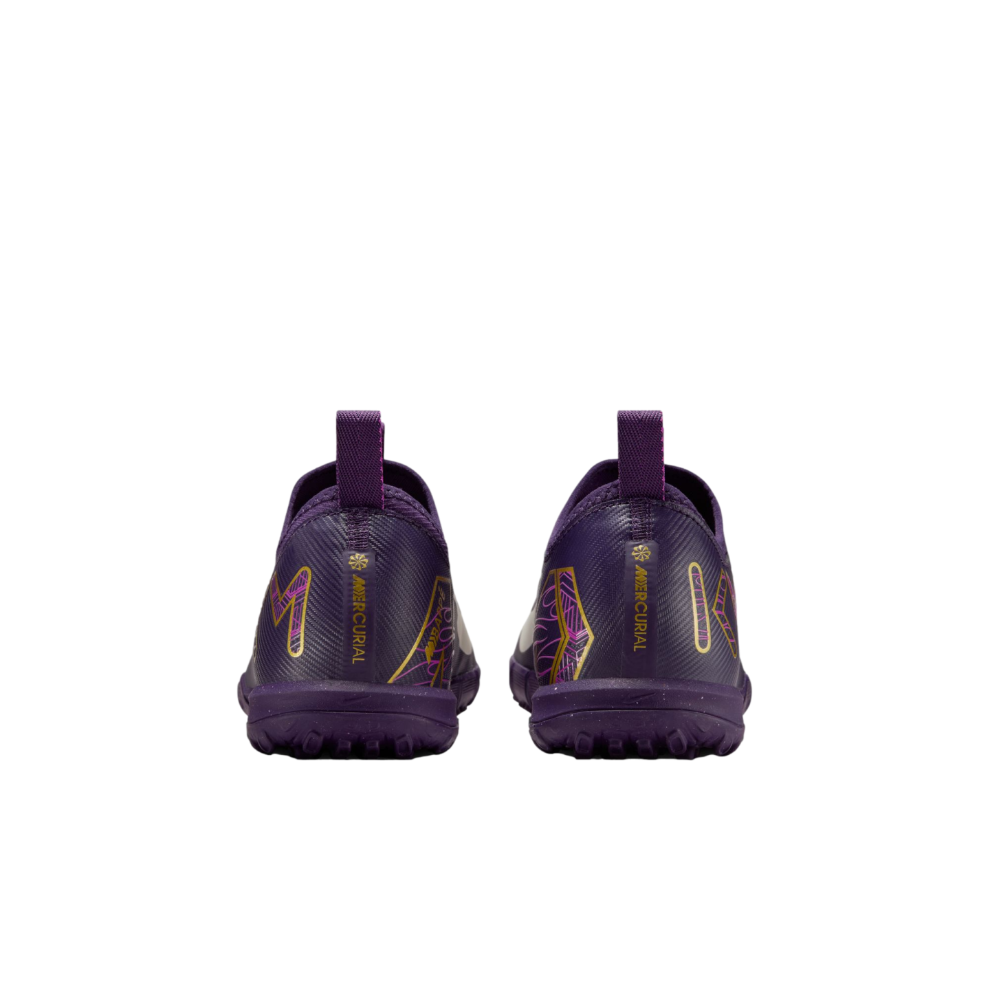 Rear view of two purple Nike Mercurial soccer shoes with gold and pink accents on a plain white background.
