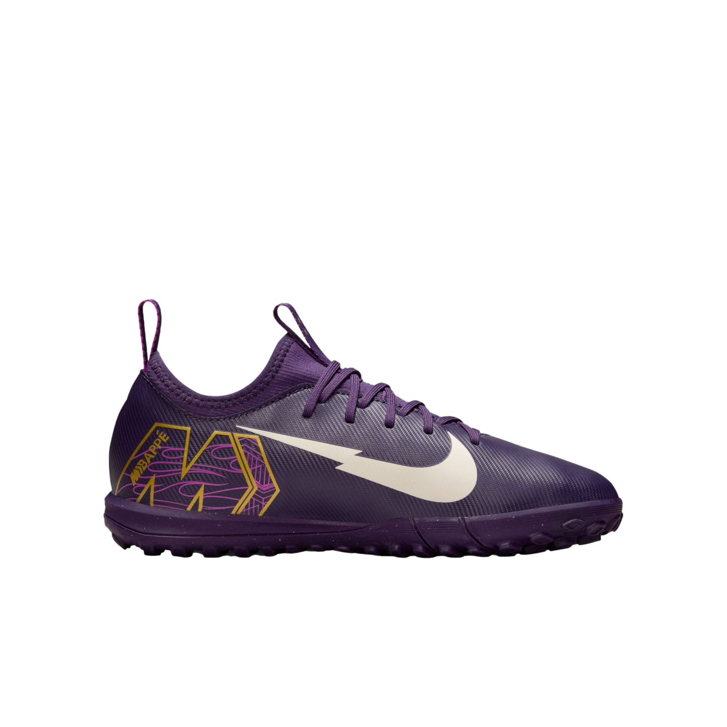 A purple Nike turf soccer shoe featuring a white lightning-bolt swoosh and a gold MBAPPÉ logo on the heel.