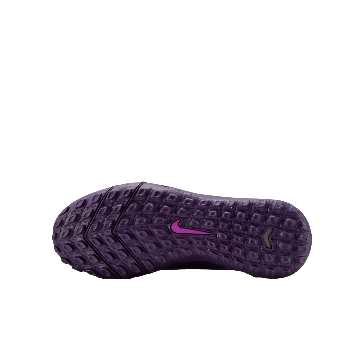 Bottom view of a dark purple Nike turf shoe outsole with a textured stud pattern and a magenta Nike swoosh logo in the center, isolated on white.