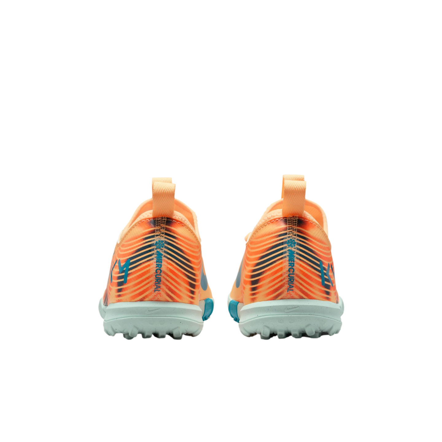 Rear view of orange and blue Nike Mercurial soccer shoes with teal turf soles, isolated on a black background.