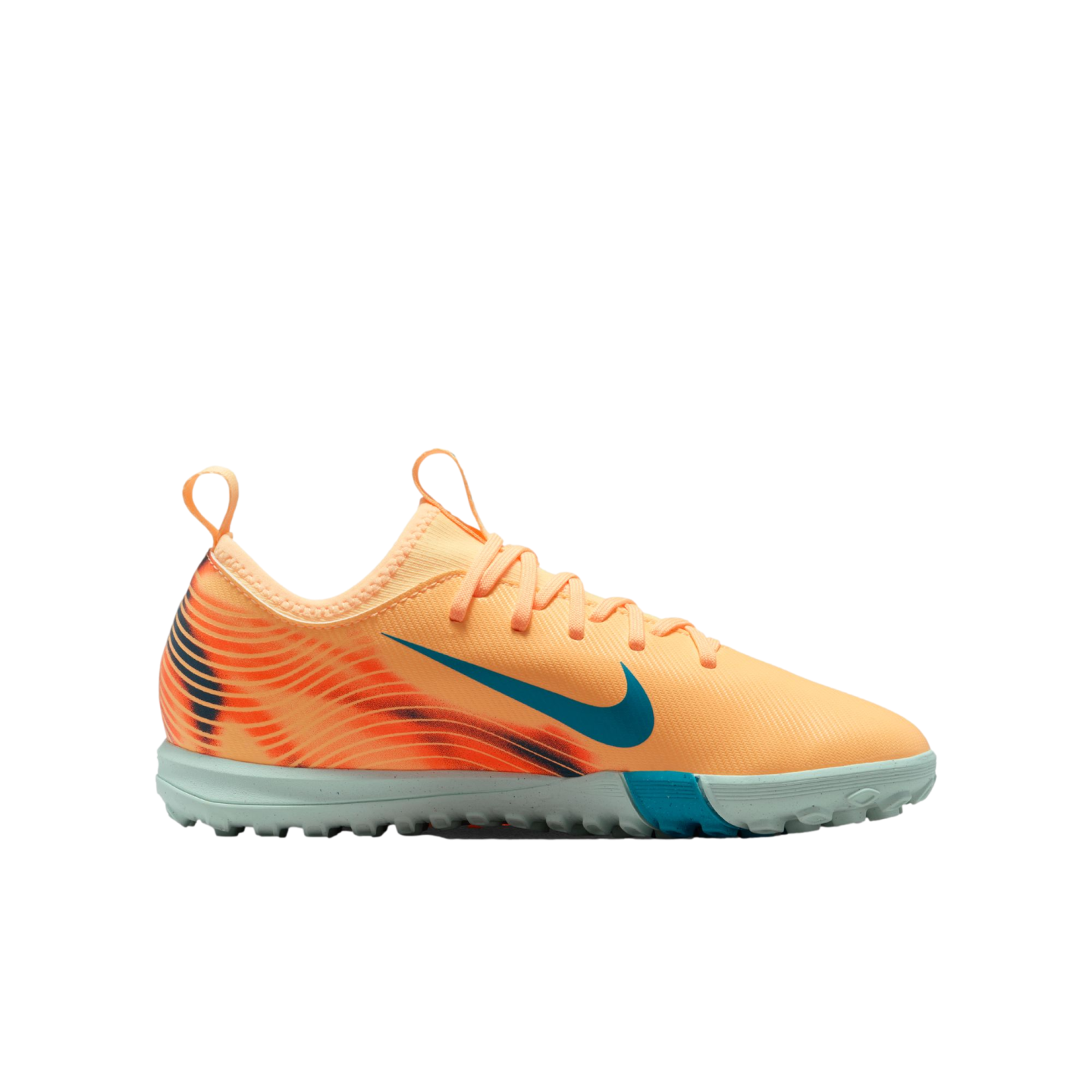 Nike soccer shoe in bright peach with a teal swoosh and a light grey textured outsole.