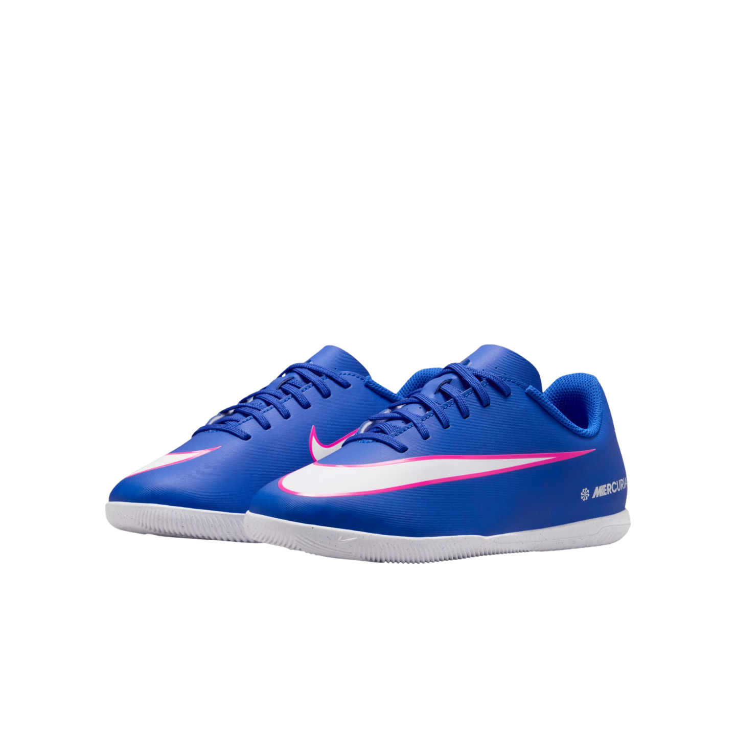 A pair of blue Nike Mercurial indoor soccer shoes with white and pink swooshes, shown against a solid black background.