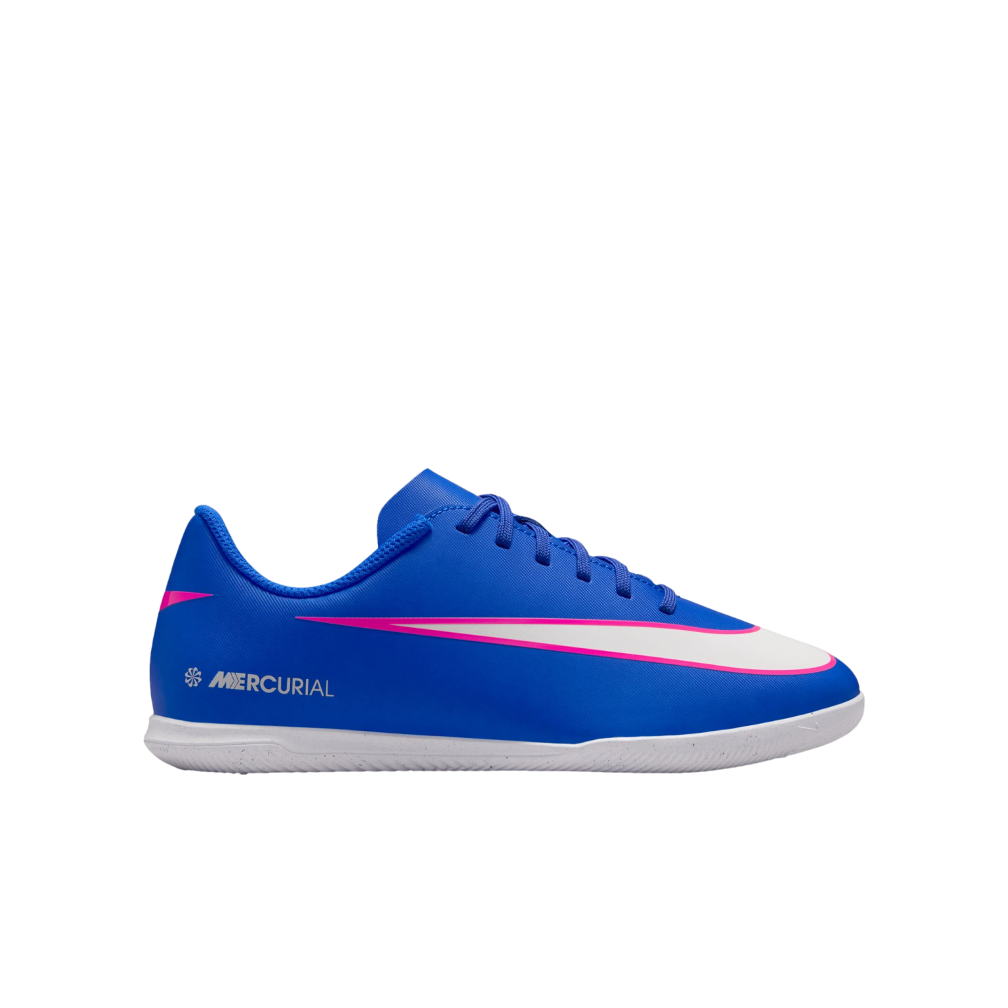 Profile view of a blue Nike Mercurial indoor soccer shoe with a white swoosh outlined in pink and a white sole, set against a solid black background.
