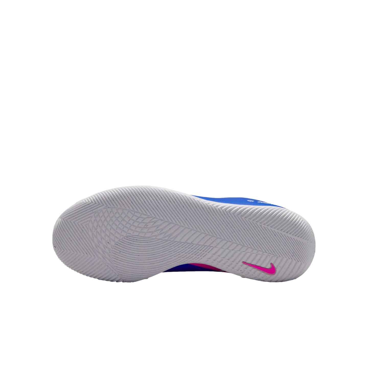 Bottom view of a white Nike shoe sole featuring an intricate tread pattern and a small pink swoosh on the heel, set against a black background.