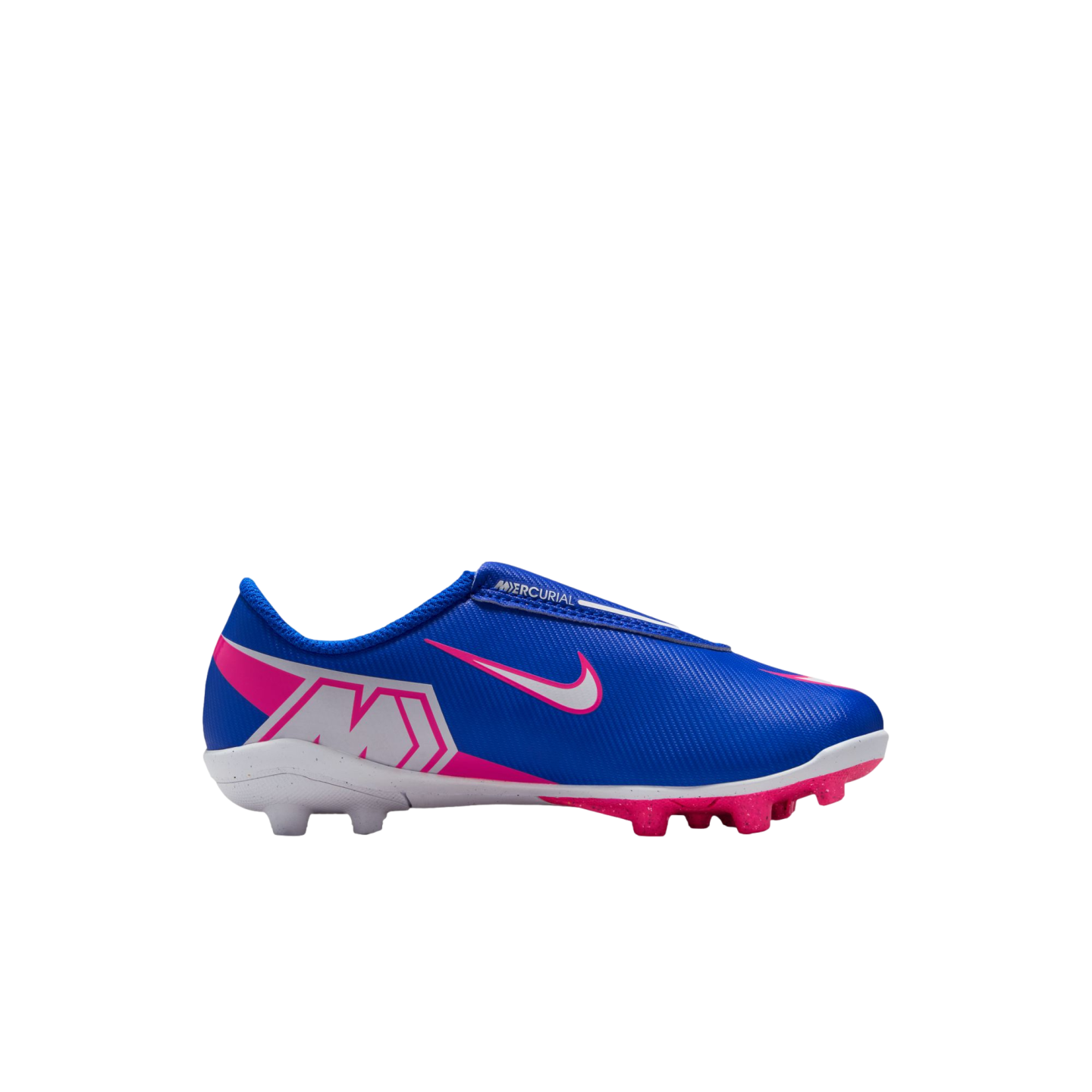 Blue Nike Mercurial soccer cleat for kids with pink and white accents.