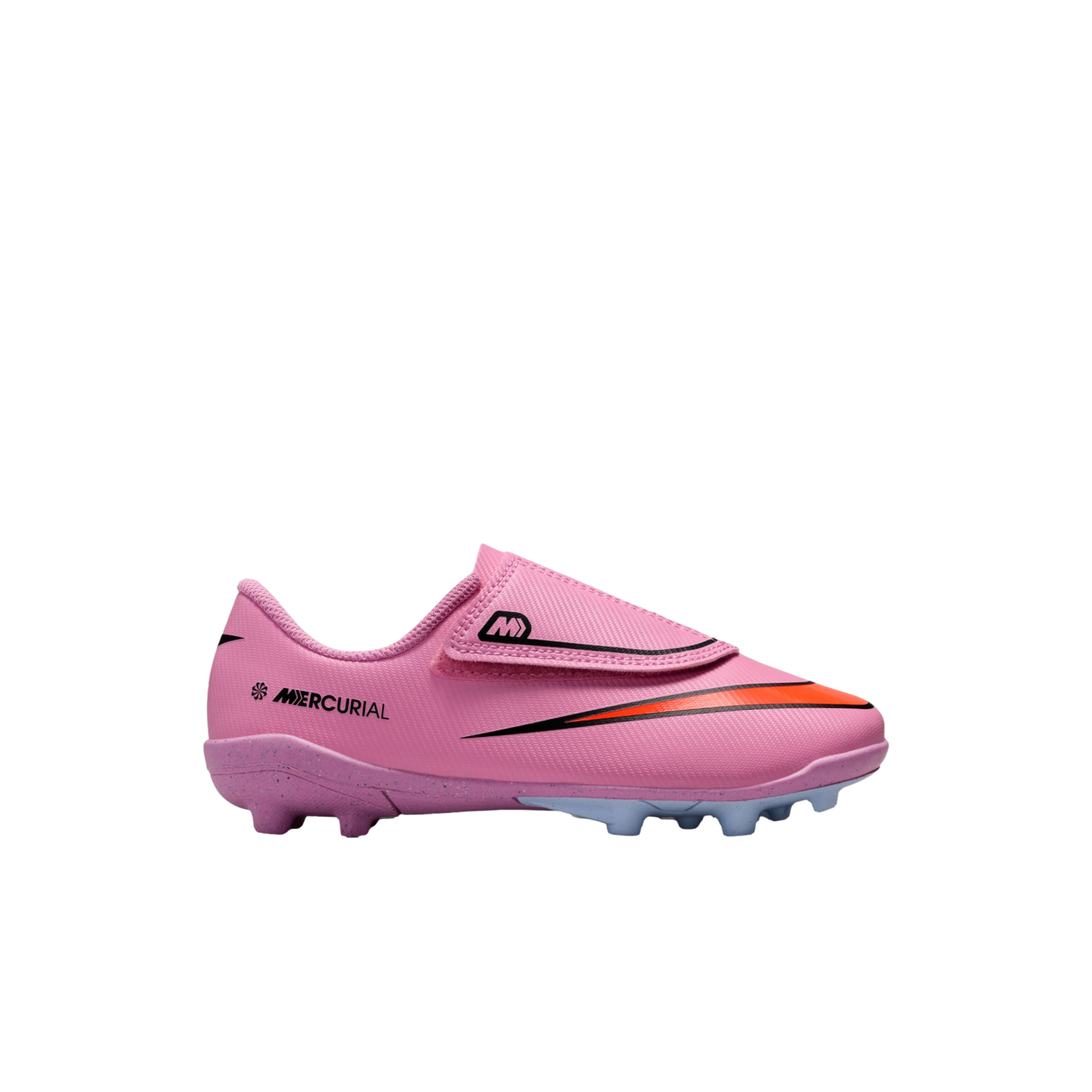 Pink Nike Mercurial kids' soccer cleat with a velcro strap and orange and black details, shown from a side profile against a solid black background.