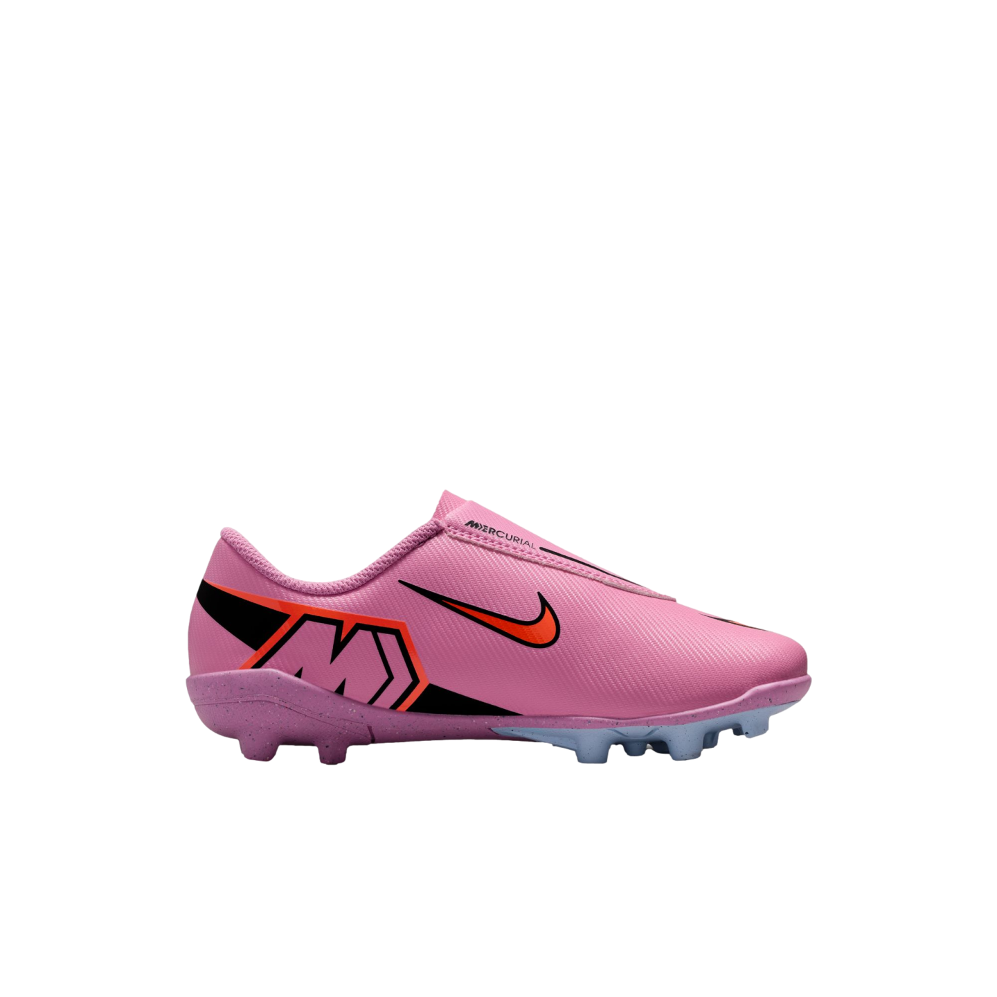 A pink Nike Mercurial kids' soccer cleat featuring an orange swoosh, large "M" logo, and multi-colored studs against a black background.