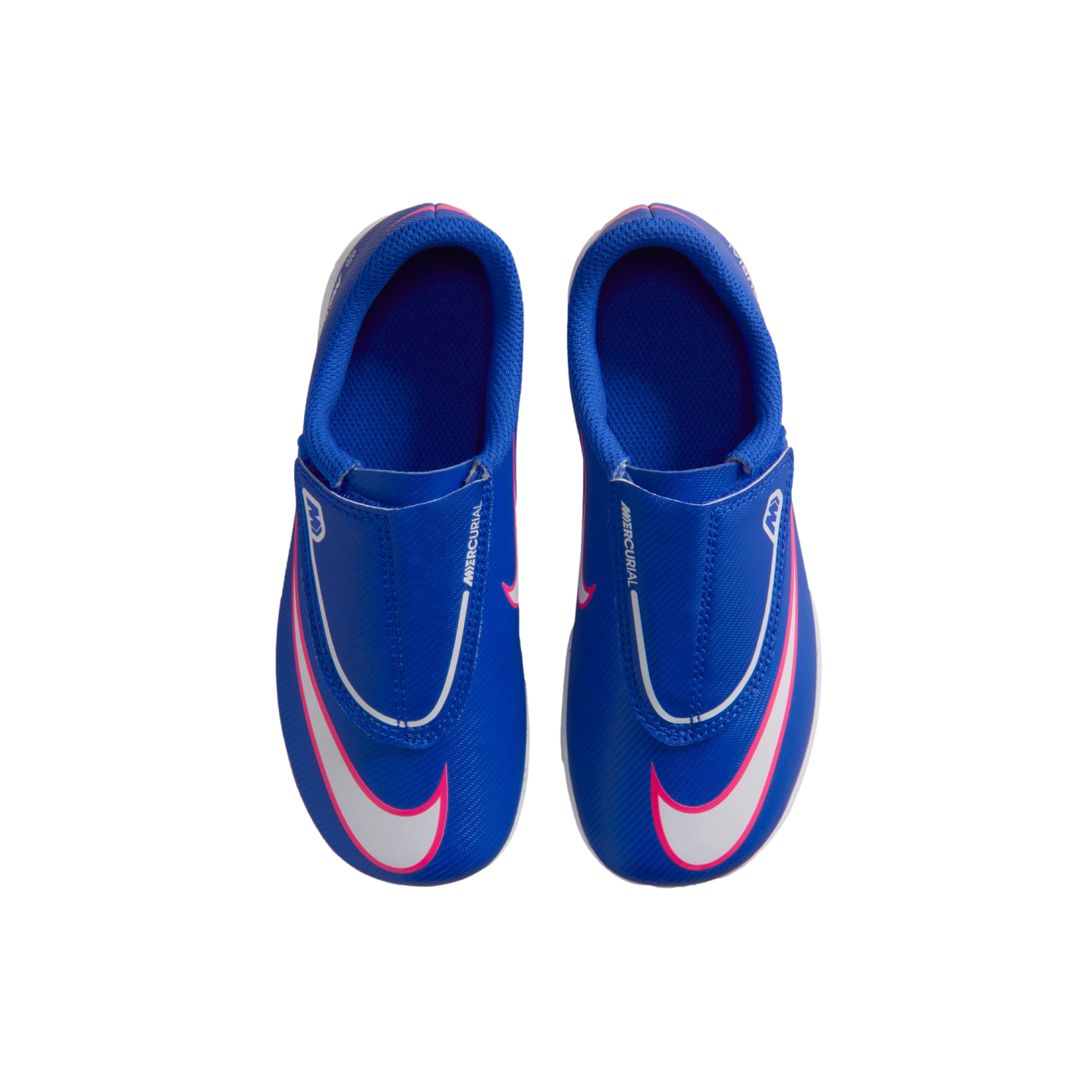 Top-down view of blue Nike Mercurial soccer cleats with large white swooshes and pink outlines against a solid black background.