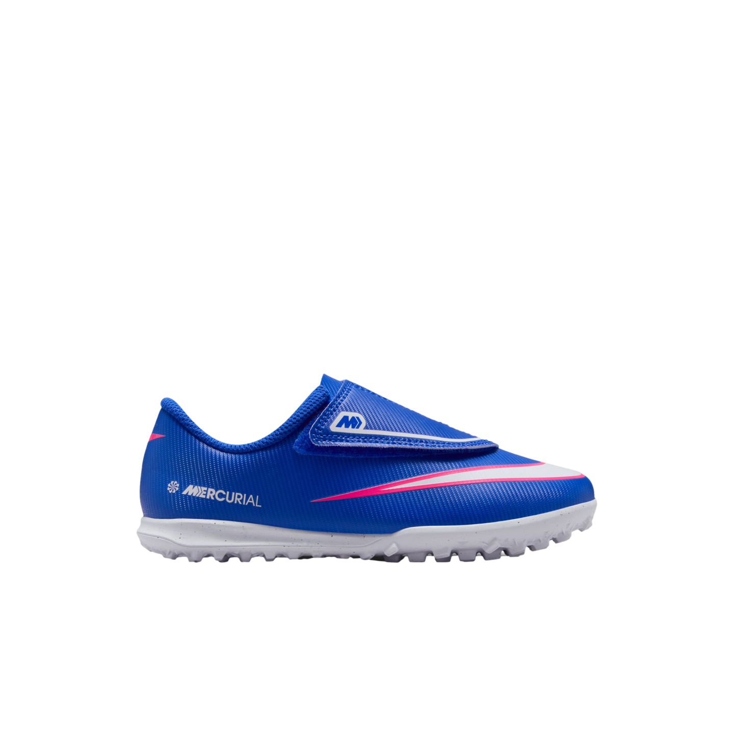 A blue Nike Mercurial soccer shoe with pink and white accents and a textured white sole, featuring a hook-and-loop strap closure.