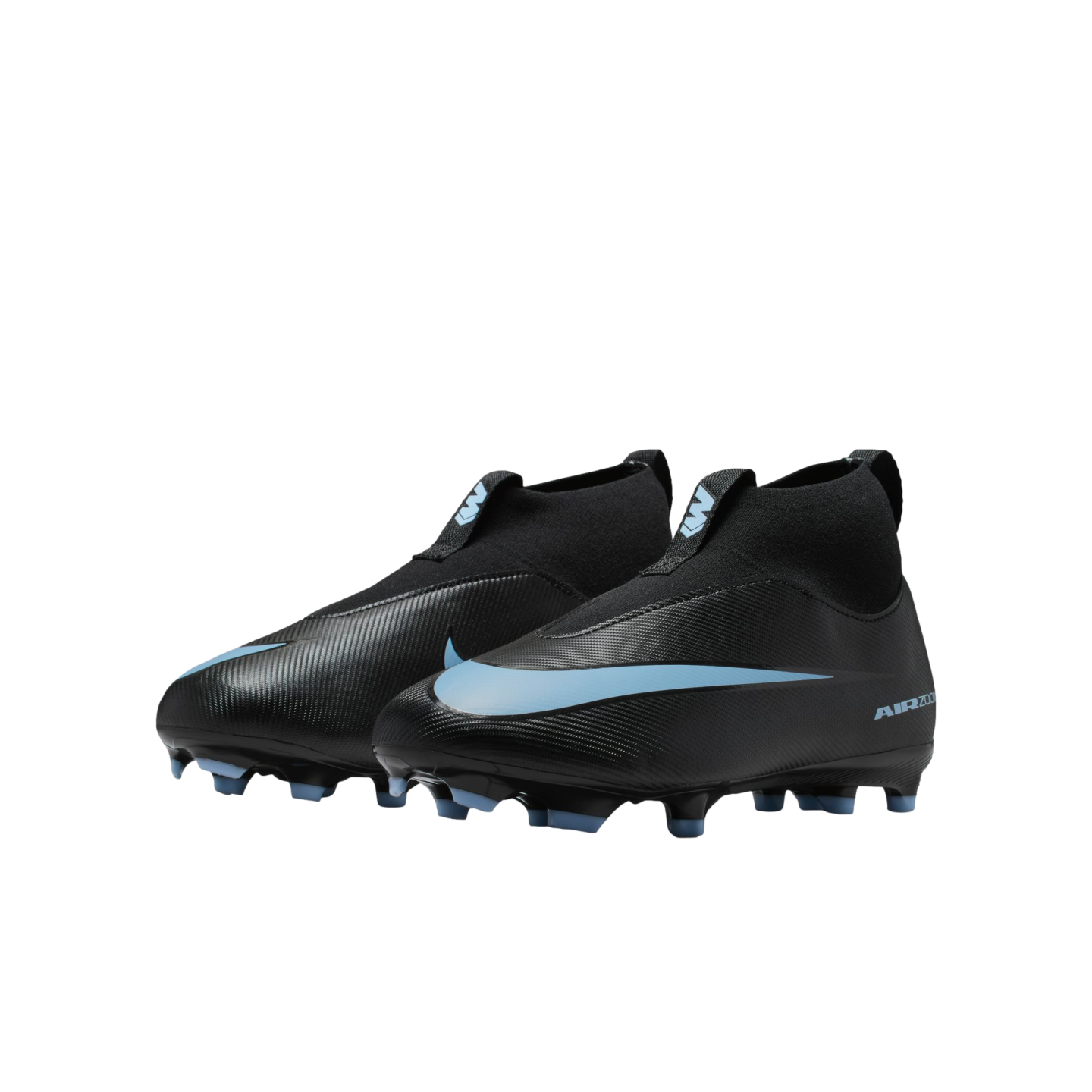 Pair of black Nike high-top soccer cleats with light blue swoosh logos and blue-tipped studs.