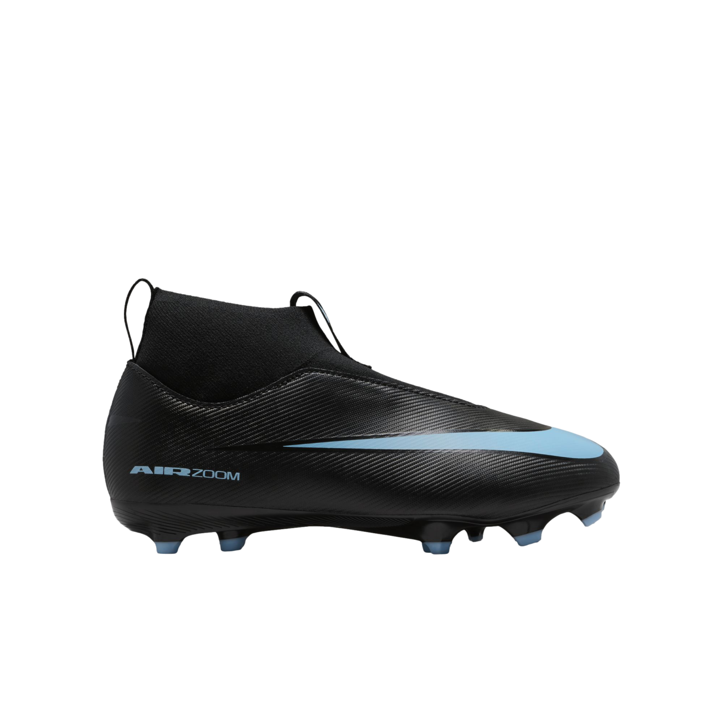 Black Nike Air Zoom soccer cleat with a light blue swoosh and high-top collar, shown in profile against a black background.