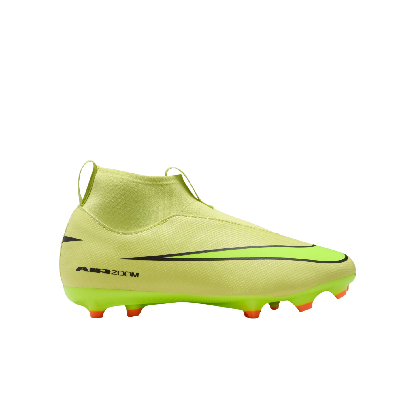 Side view of a neon yellow laceless Nike soccer cleat with black accents and orange-tipped studs, set against a solid black background.
