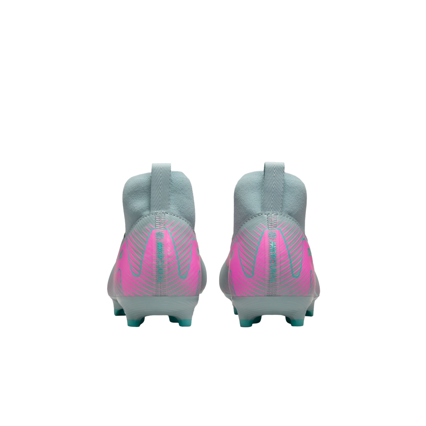 Rear view of light grey Nike Mercurial soccer cleats featuring vibrant pink graphic patterns on the heels and teal studs against a white background.