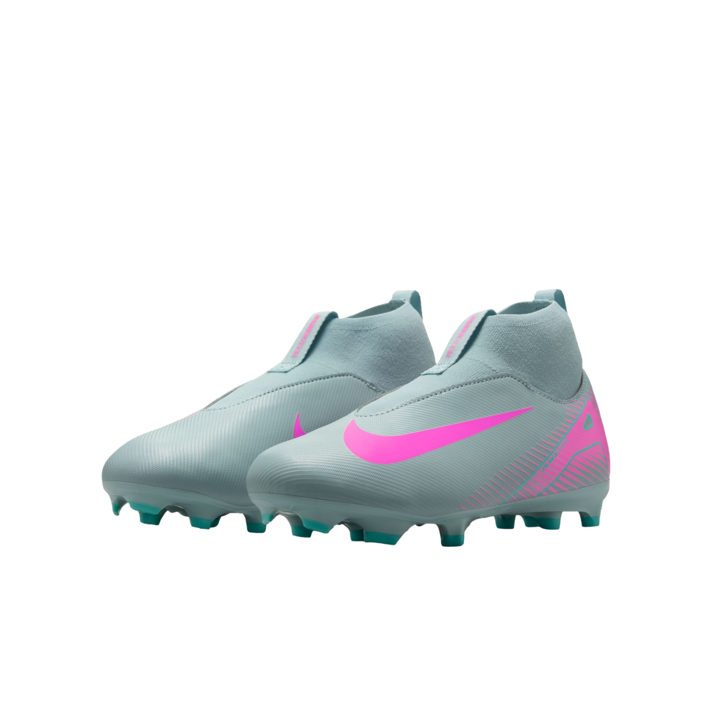 A pair of light blue Nike Mercurial soccer cleats with pink accents and teal studs, angled towards the right on a white background.