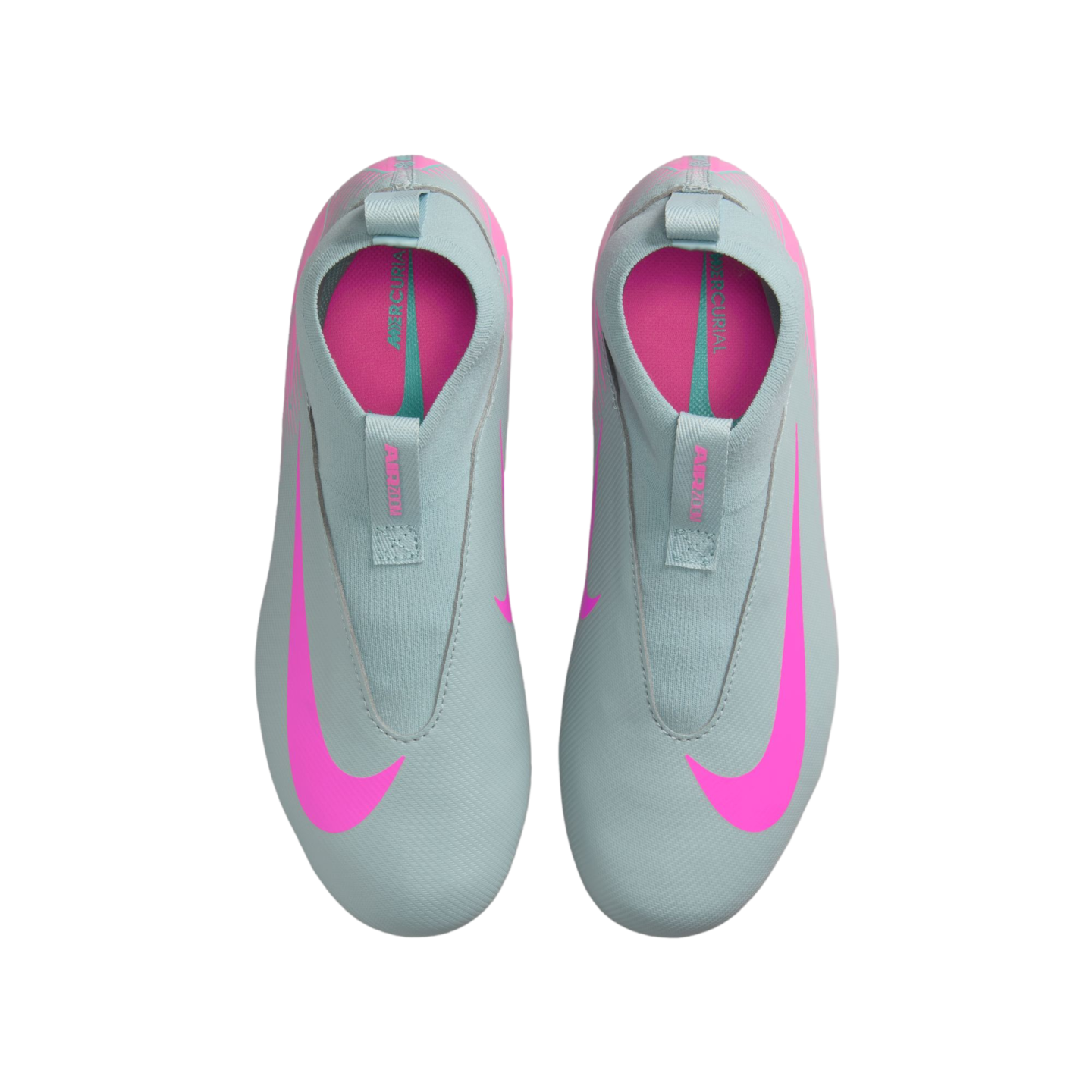 Top-down view of a pair of light gray laceless Nike Mercurial soccer cleats with bright pink accents and swooshes.