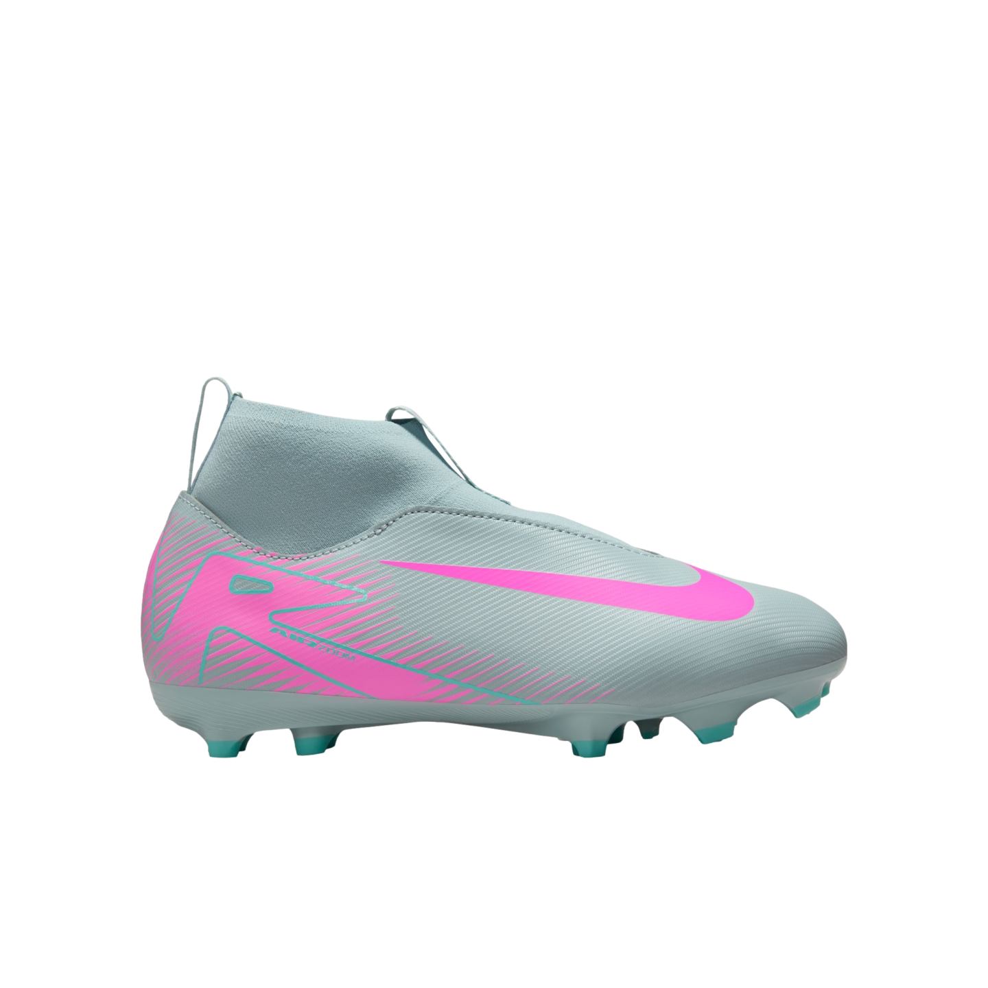 A side view of a light grey Nike soccer cleat featuring a laceless design, a sock-like collar, a vibrant pink Swoosh and graphic details, and teal studs.