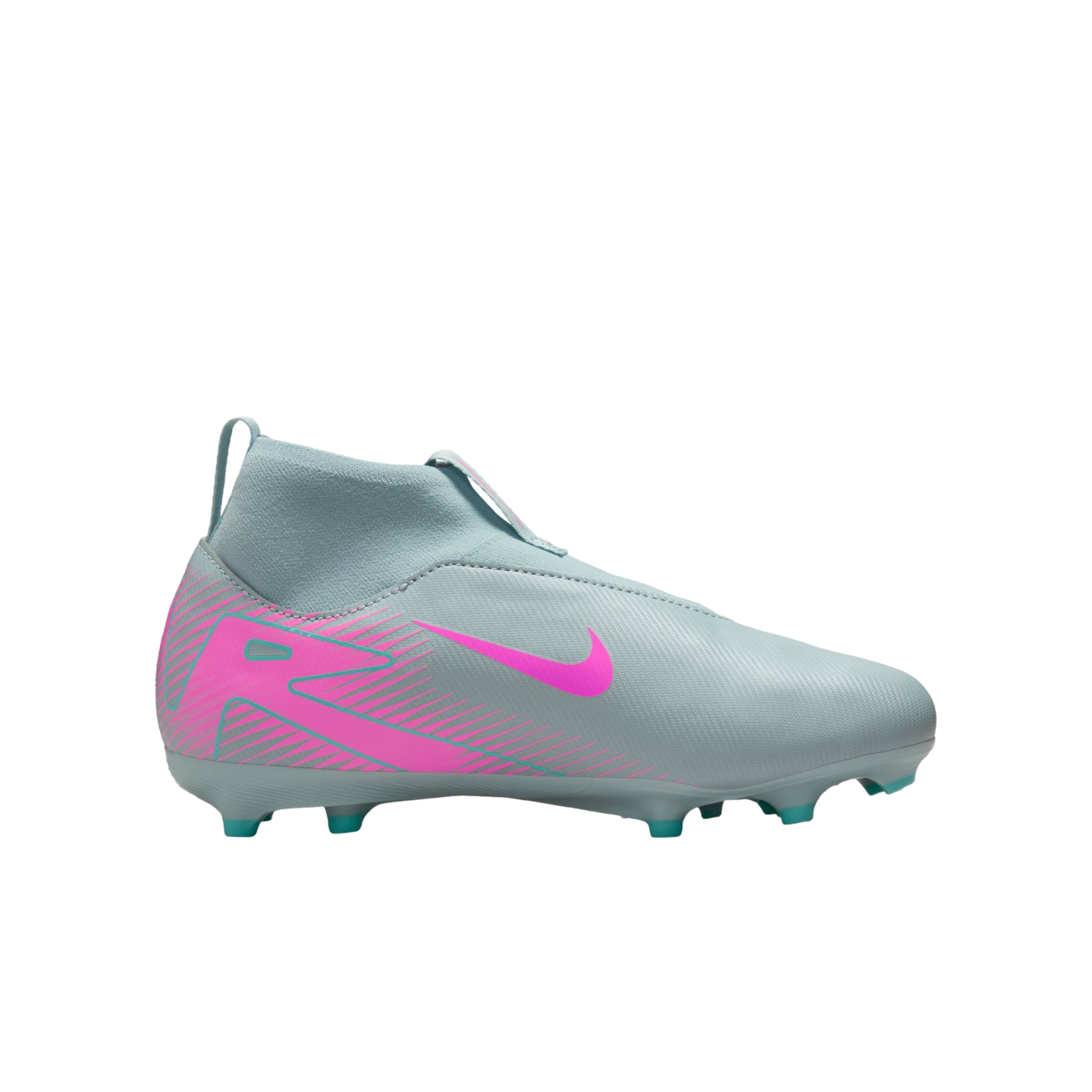Side view of a light grey Nike laceless soccer cleat with bright pink branding and a high-top ankle collar.