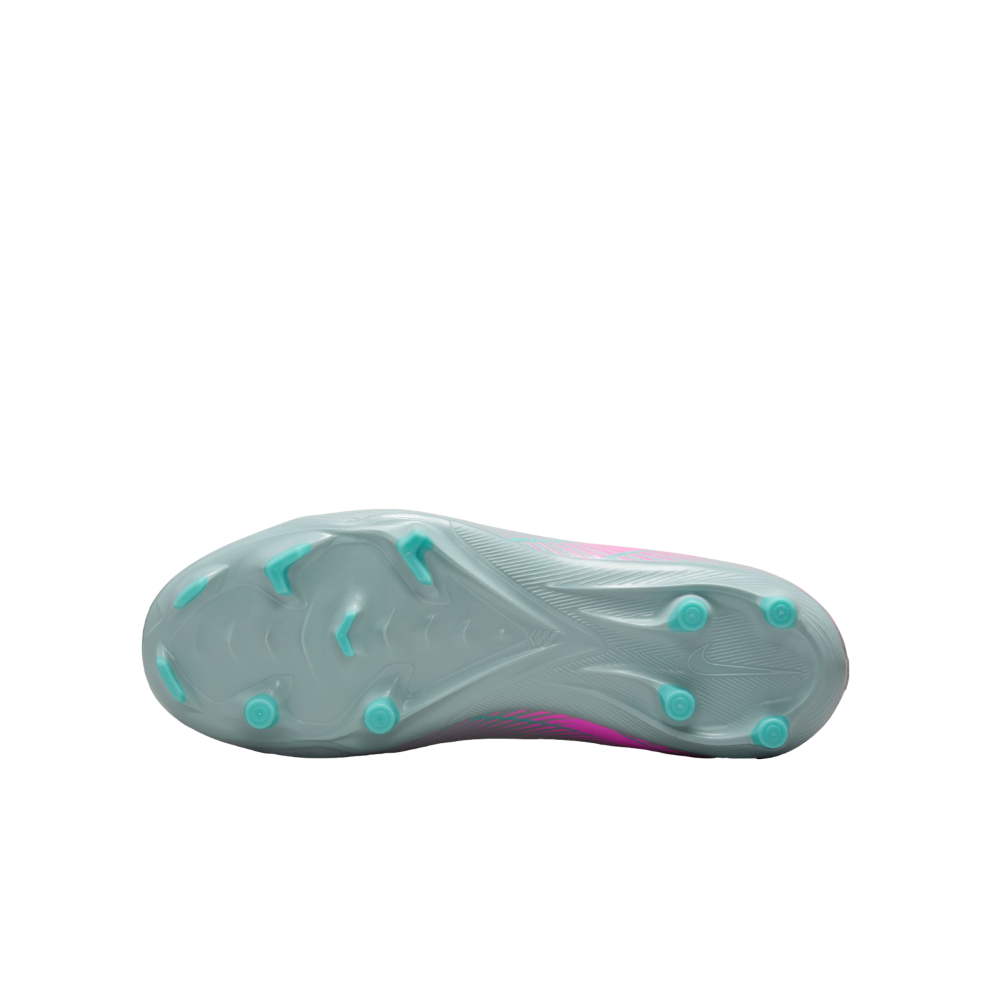 Underside view of a light grey Nike soccer cleat featuring turquoise studs and pink side detailing.