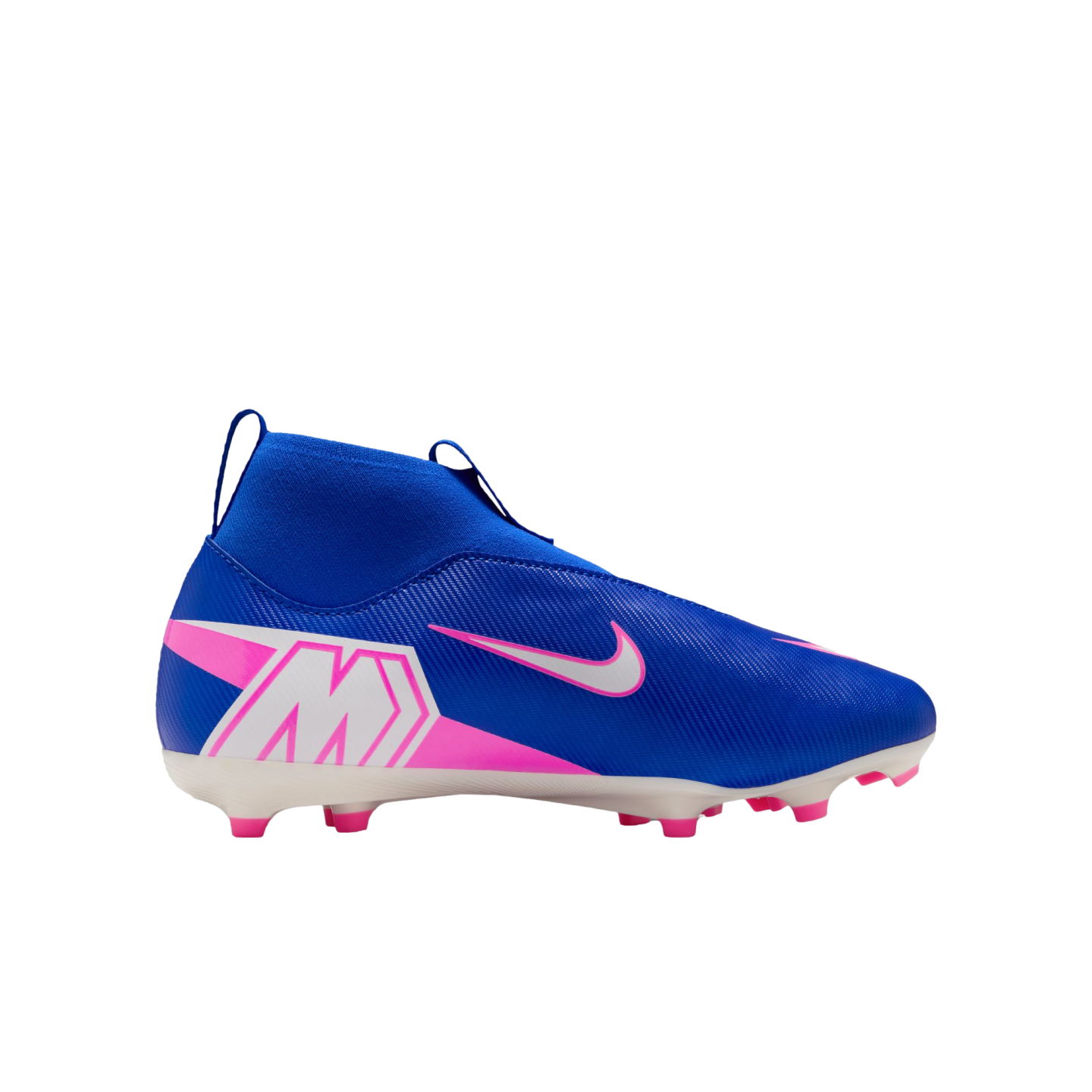 Blue Nike Mercurial soccer cleat with a high-top collar, pink and white graphic details, and pink studs on a white sole.