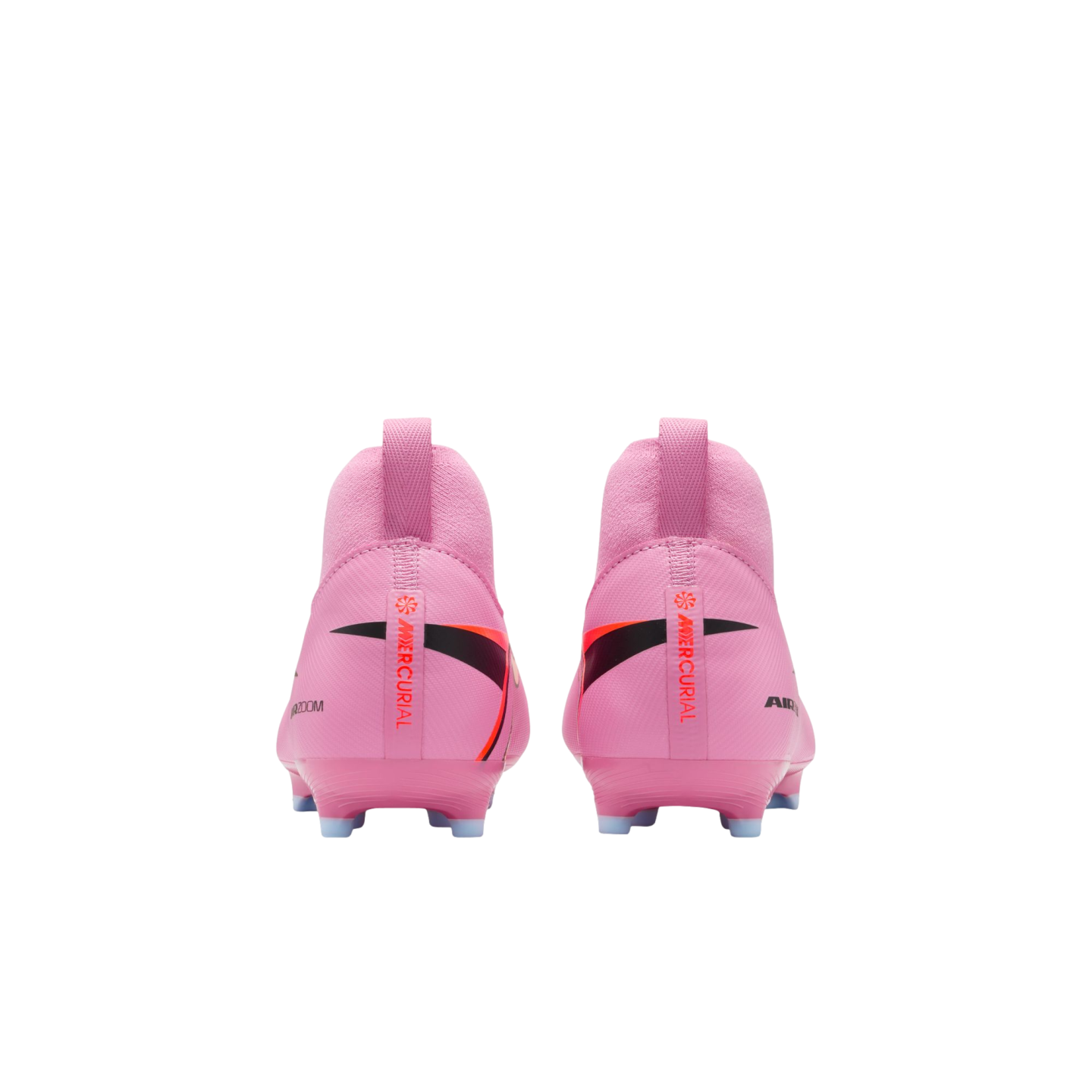 Rear view of two pink Nike Mercurial soccer cleats with black and orange accents on a black background.