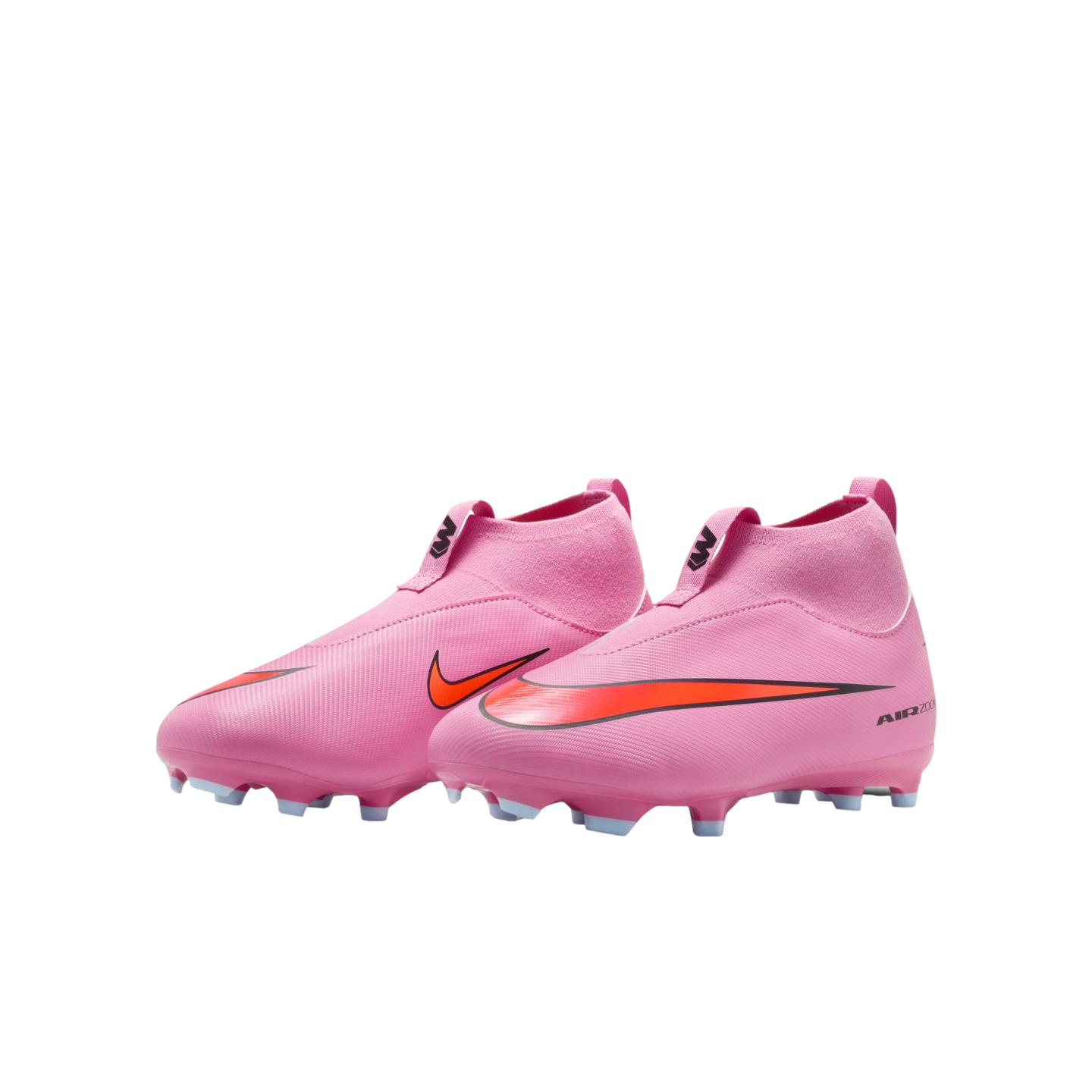 A pair of bright pink Nike soccer cleats with orange swooshes and high-top knit collars against a black background.