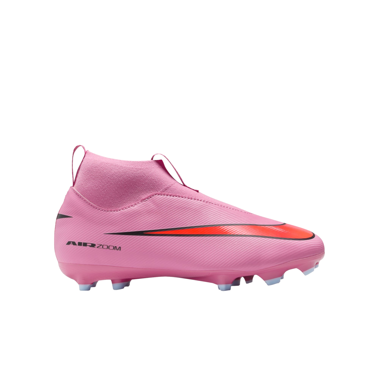 Side profile of a pink Nike Mercurial soccer cleat with a high-top collar and black-to-red swoosh on a black background.