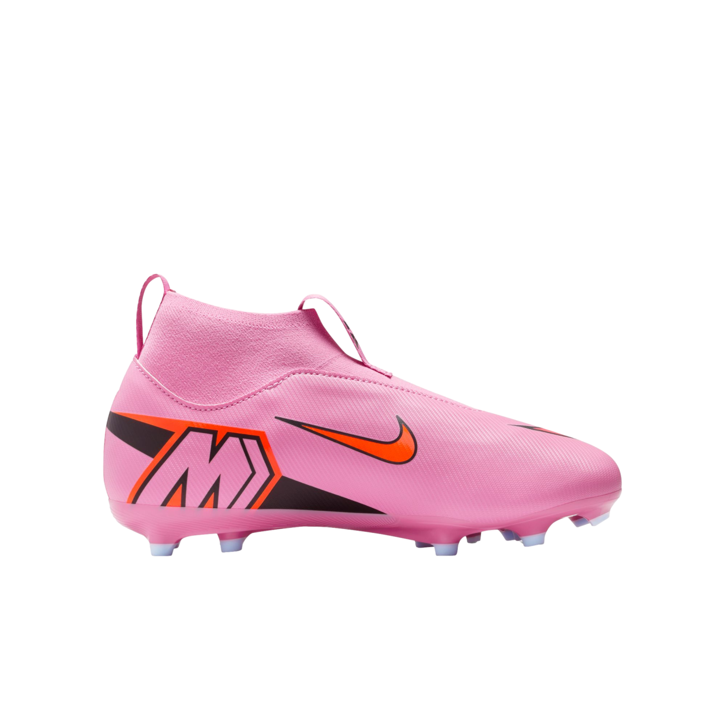 A bright pink, laceless Nike Mercurial soccer cleat with a sock-like ankle collar and orange accents, shown from a side profile against a solid black background.