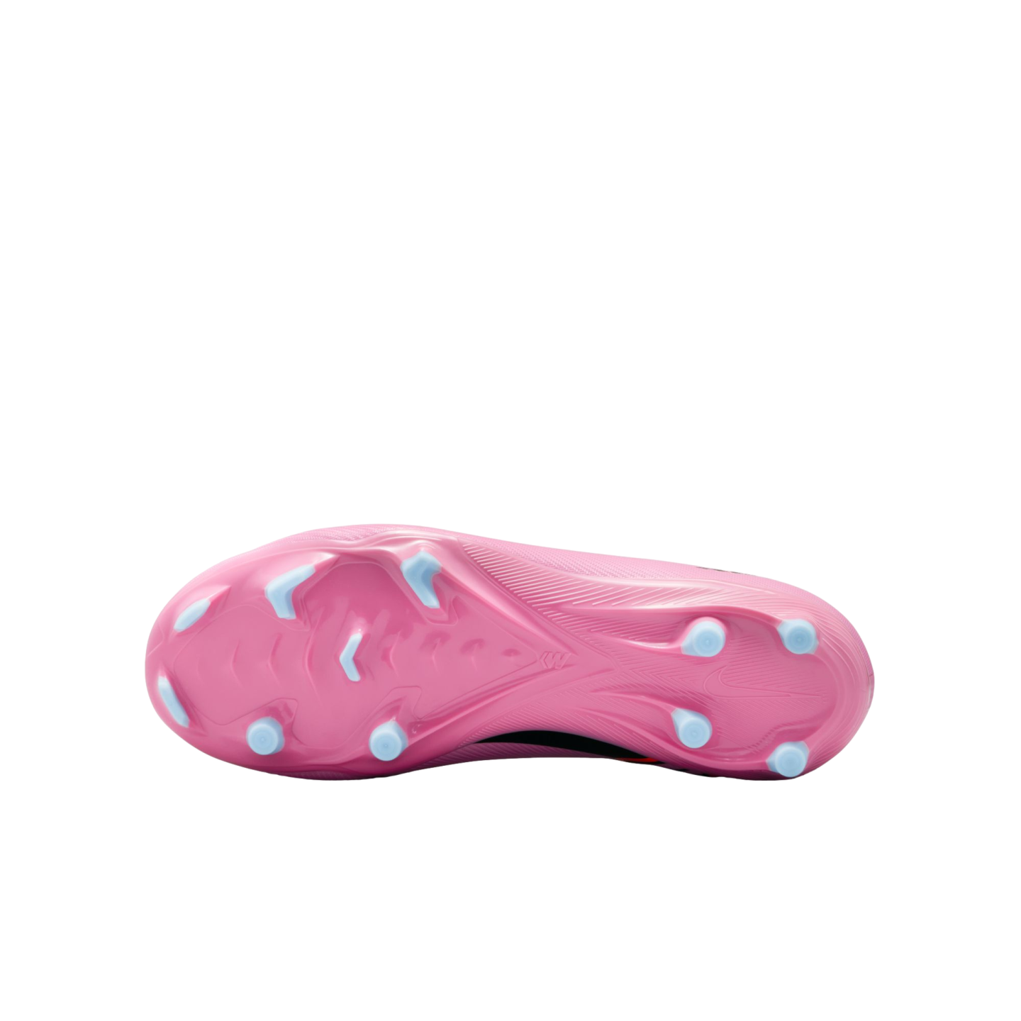 Bottom view of a pink Nike soccer cleat with light blue studs and an aerodynamic soleplate pattern on a black background.