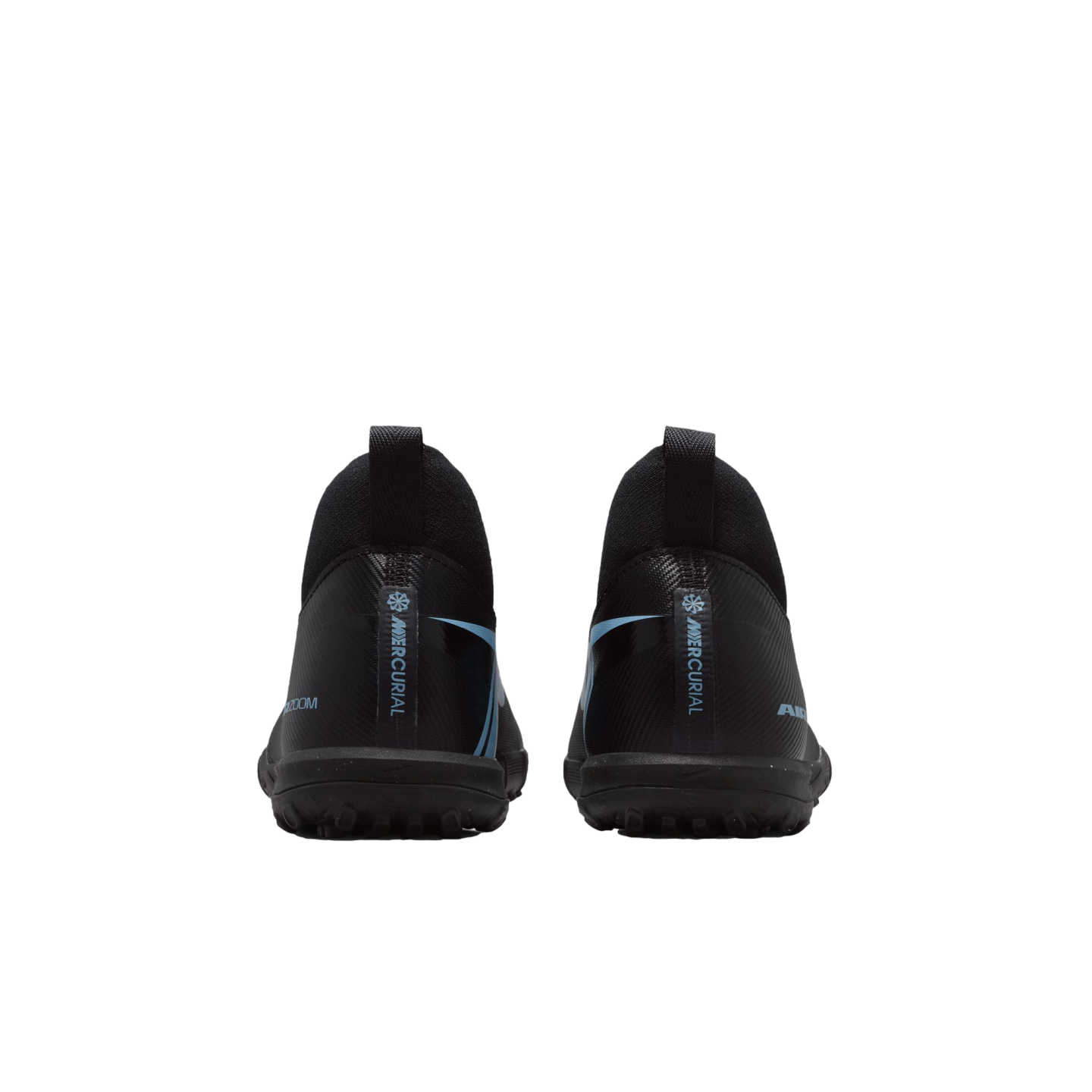 Rear view of two black Nike Mercurial turf soccer shoes with light blue accents against a black background.