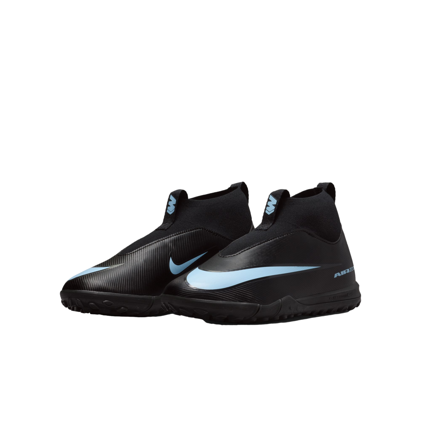 Pair of black Nike soccer turf cleats with light blue swoosh accents and high-top collars on a black background.