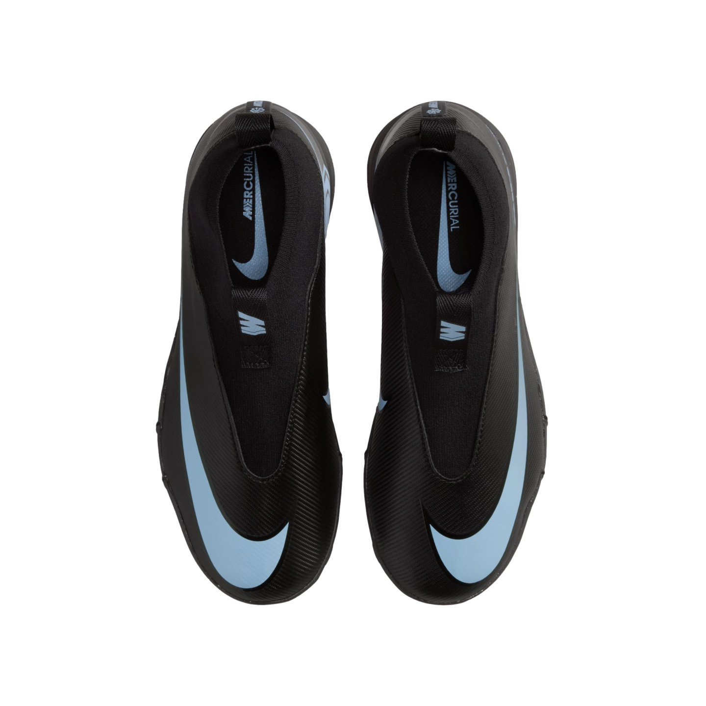 Top-down view of black Nike Mercurial laceless soccer cleats with light blue swooshes, displayed on a black background.