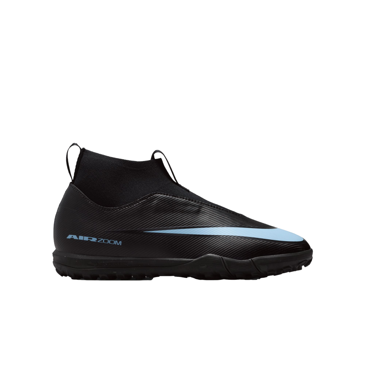 Black Nike Air Zoom soccer shoe with a light blue swoosh, laceless design, and high-top sock collar against a solid black background.