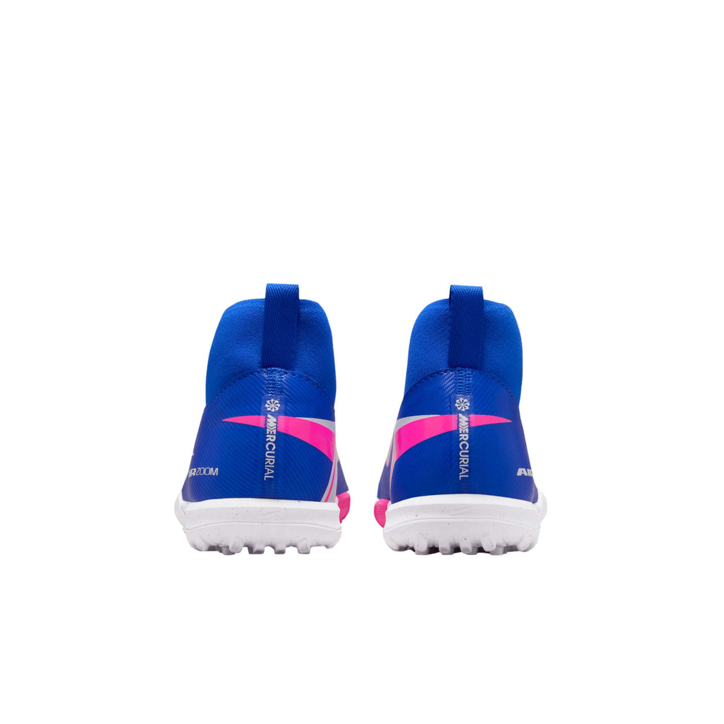 Rear view of blue Nike Mercurial high-top soccer cleats with white turf outsoles and pink accents against a solid black background.