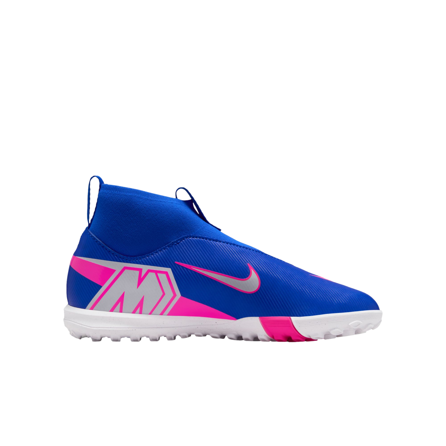 A blue Nike Mercurial laceless soccer turf shoe with pink and silver accents and a white studded sole, shown against a black background.