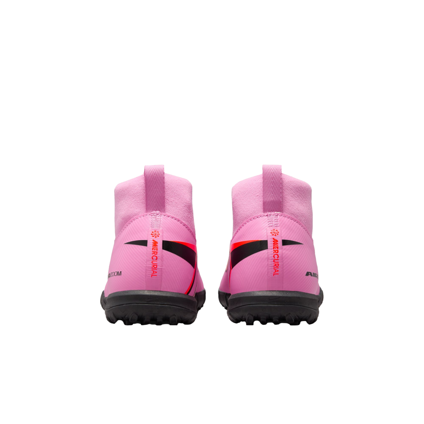 Rear view of two pink Nike Mercurial soccer cleats with high-top collars and black soles against a black background.