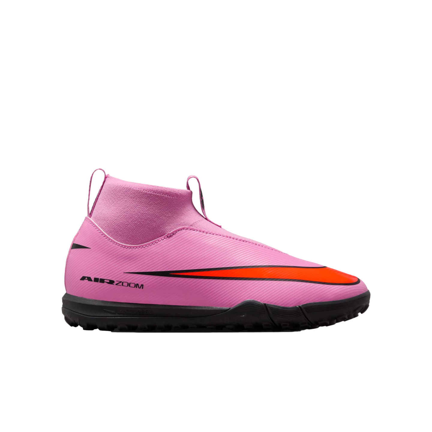 Side view of a pink Nike Air Zoom turf soccer shoe with a sock-like collar and a large orange Nike swoosh, set against a black background.
